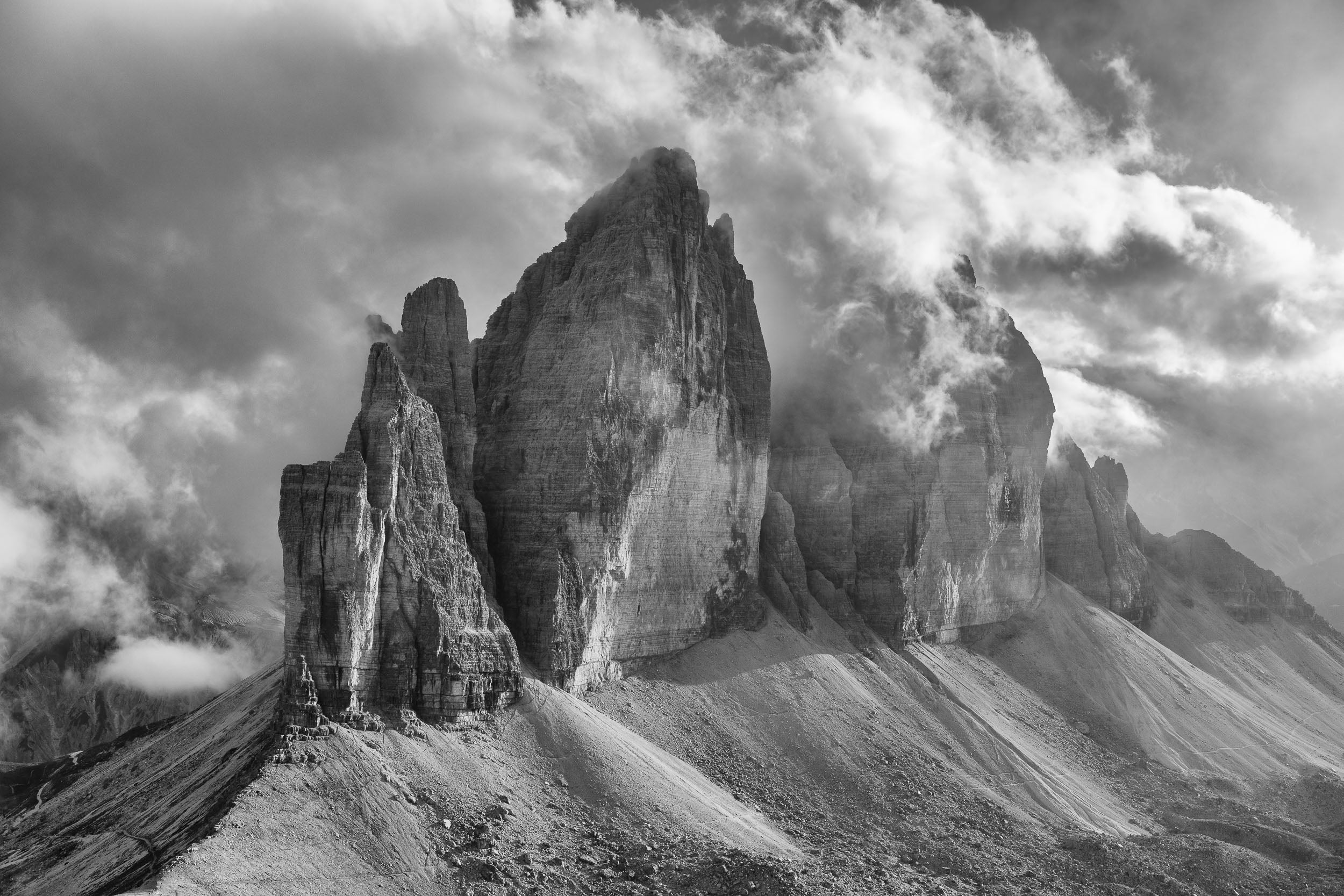 Stampa fotografia fine art in bianco e nero Tre Cime di Lavaredo.