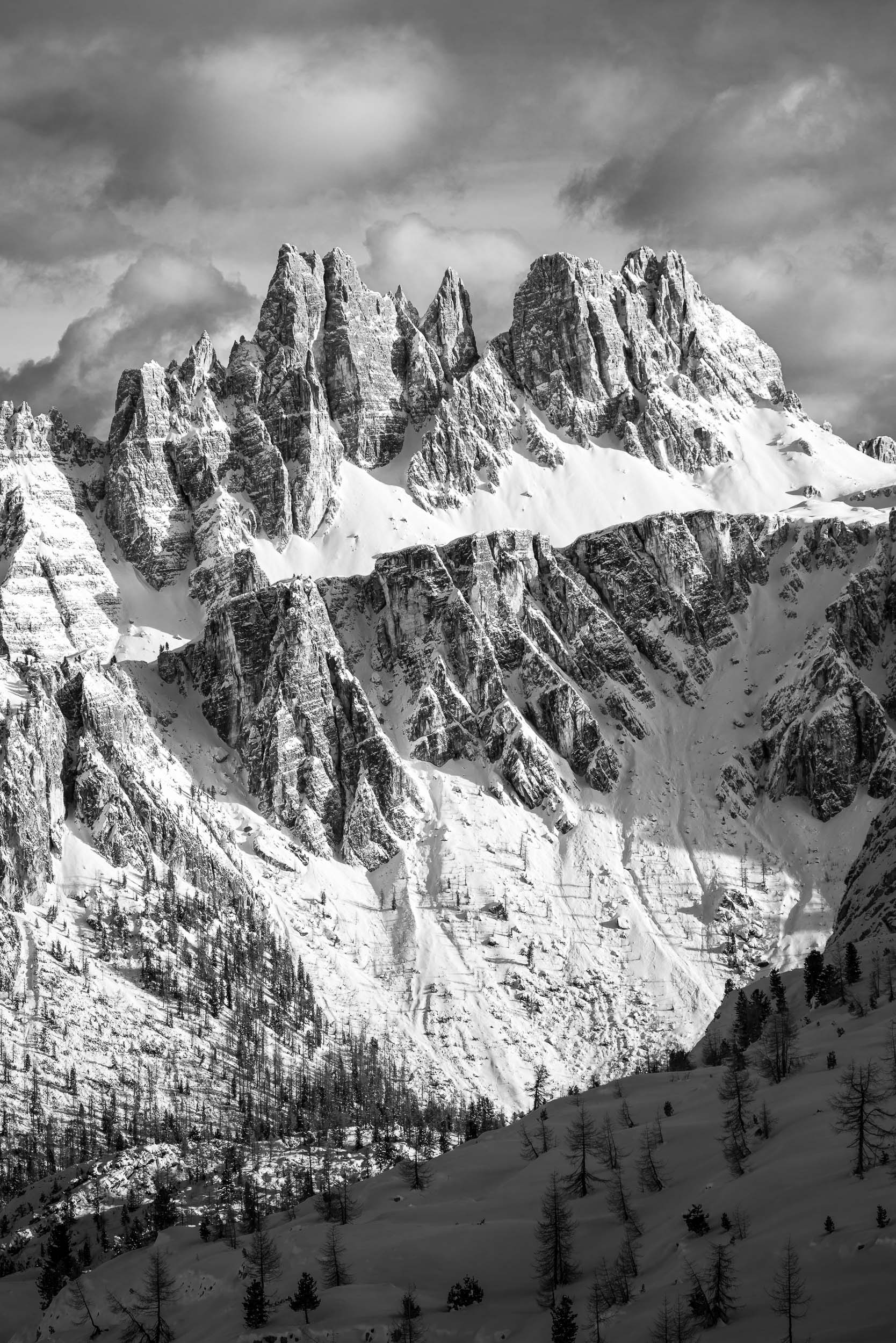 Fotografia invernale  in bianco e nero della Croda da Lago, Dolomiti