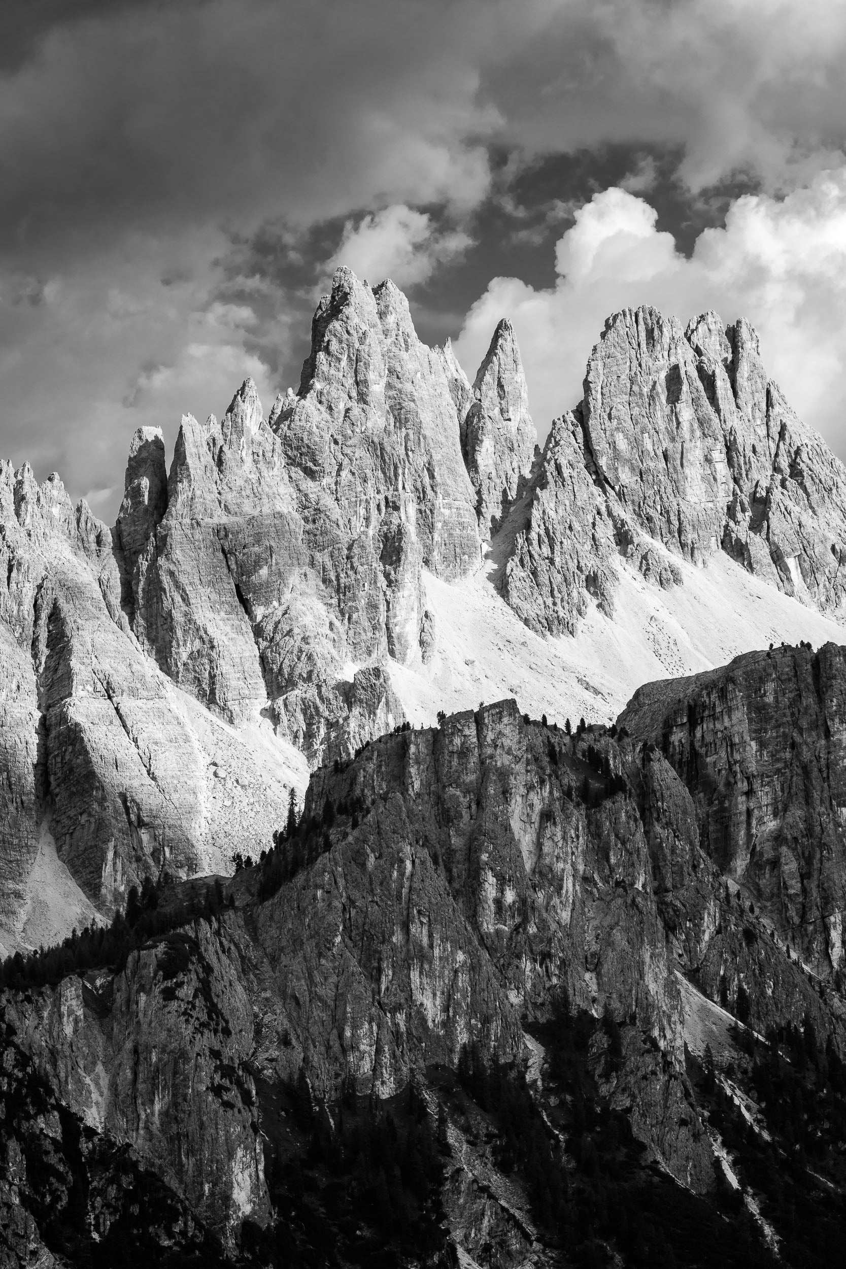 Fotografia verticale in bianco e nero con Croda da Lago e Lastoi de Formin