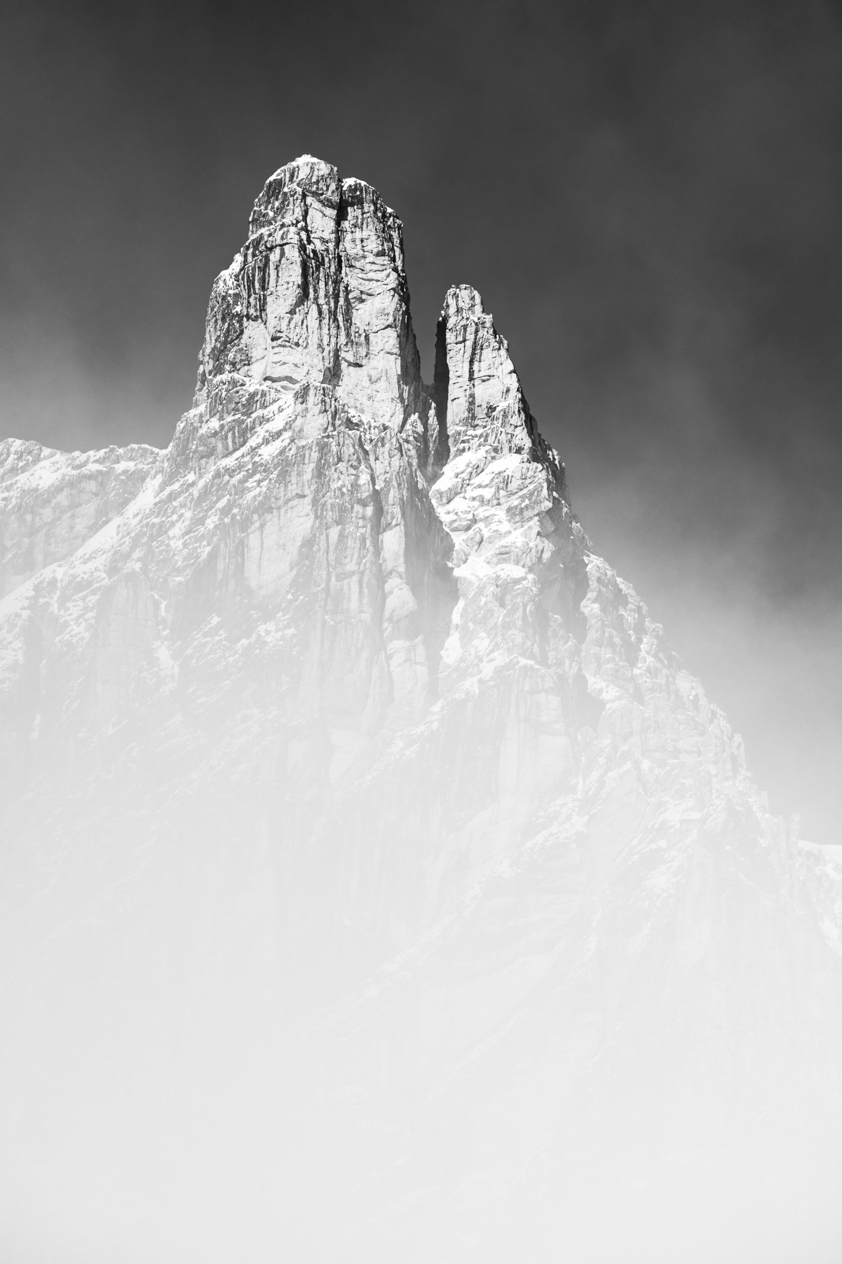 Stampa fotografica in bianco e nero, invernale, verticale, ciam Campanile Dimai, Pomagagnon, Dolomiti